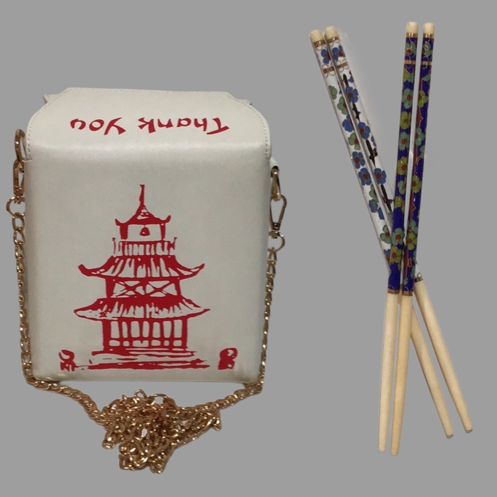 NEW Shanghai Chinese Takeout Box Crossbody & 4 Genuine Cloisonné‎ Chopsticks